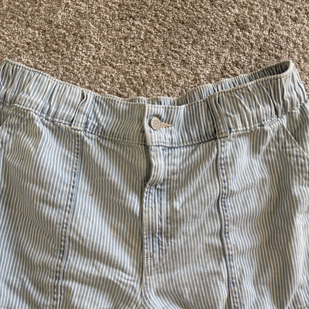Gap Denim Blue Railroad Stripe High Waisted Utility Shorts Elastic Large Cotton - Picture 2 of 10